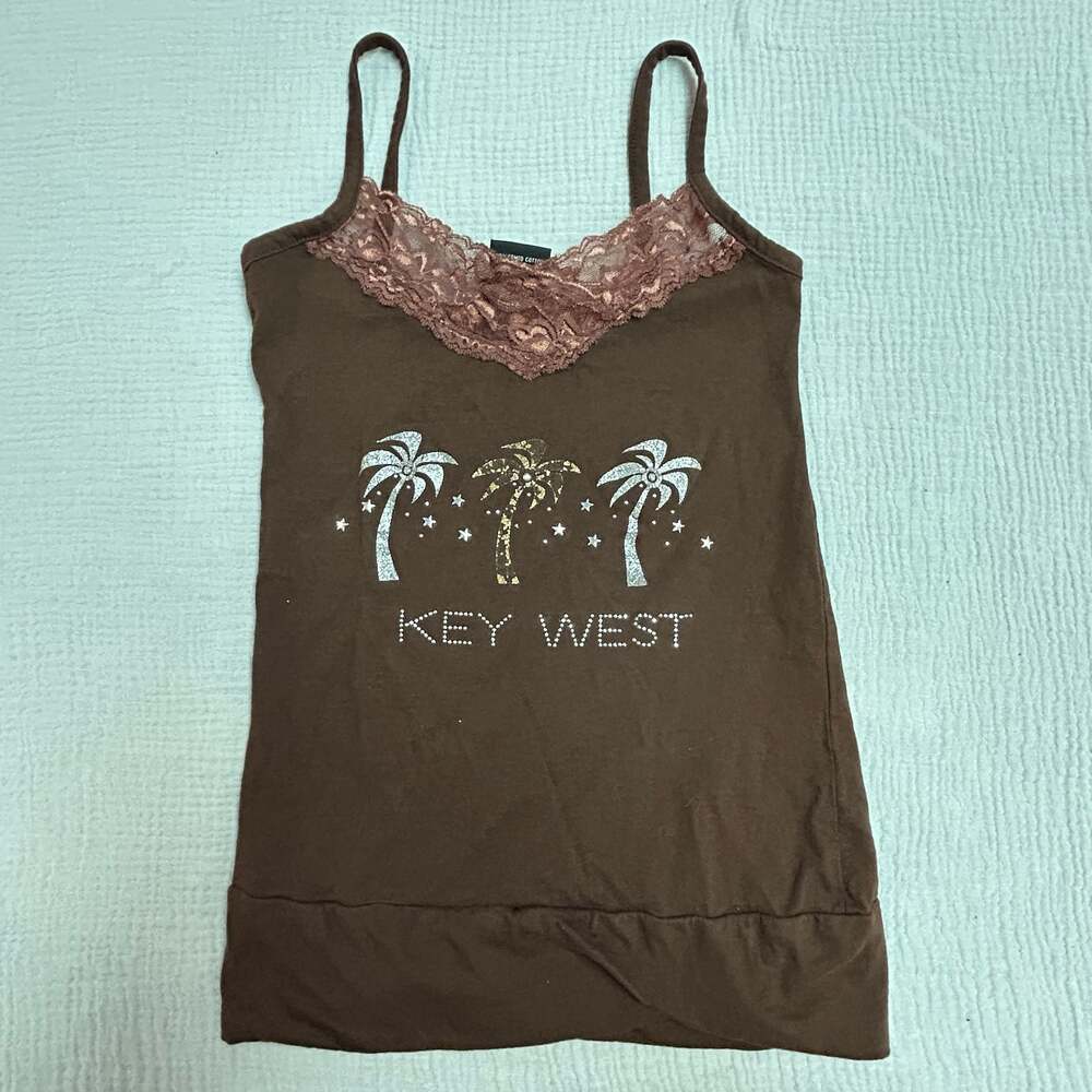 Miami Style Key West Tropical Palm Tree Lace Trim Camisole Tank Top